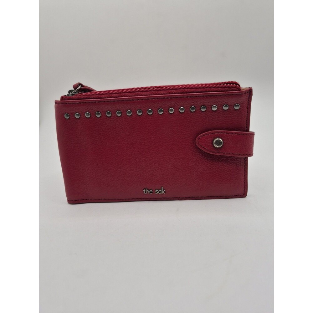 The Sak BiFold Leather Wallet Womens Red Multi Card Holder Zip Coin Studded